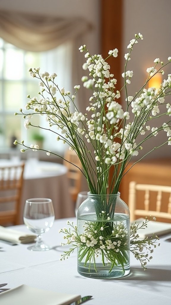 A glass vase filled with baby’s breath flowers, set on a table with other dining elements.