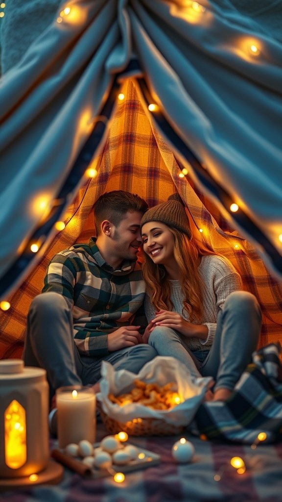 A couple sitting in a cozy blanket fort with fairy lights, enjoying snacks and each other's company.