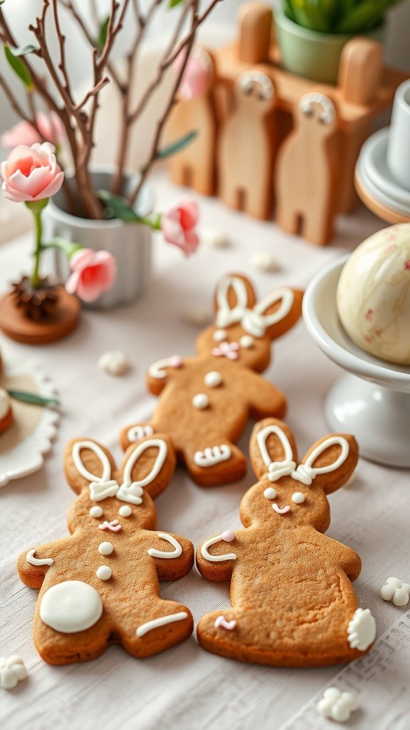 Bunny-shaped gingerbread cookies decorated for Easter. Easter Tea Party Cookies
