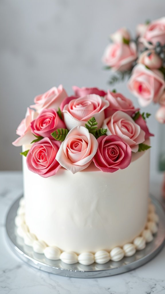 A beautifully decorated Buttercream Rose Cake topped with pink roses and green leaves against a light background.