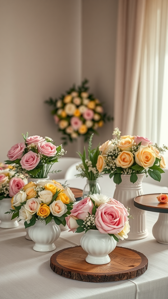 Colorful cake bouquet flowers arranged in decorative vases on a table.