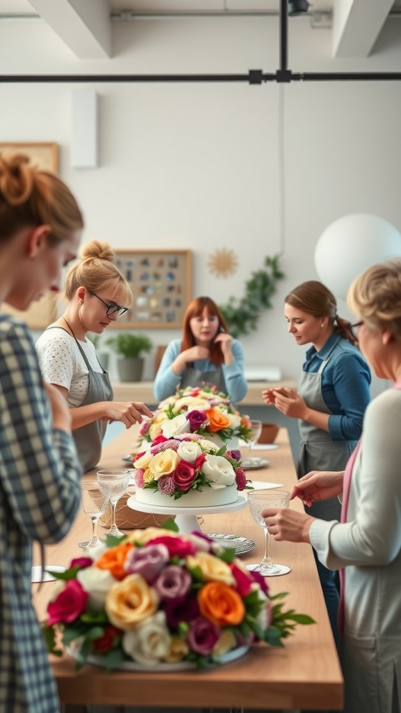 A group of people attending a cake bouquet workshop, creating beautiful cake arrangements.