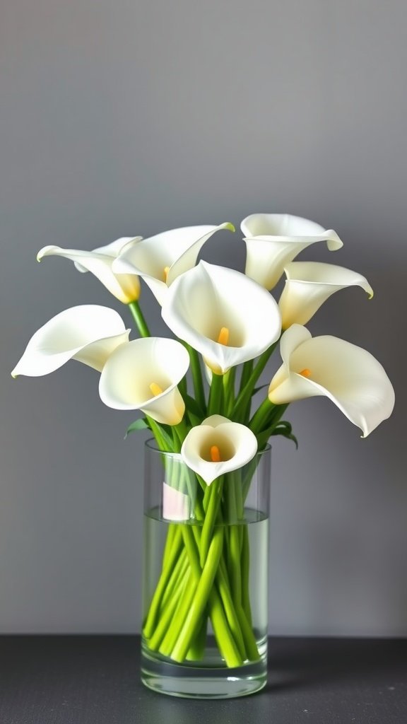 A beautiful arrangement of white calla lilies in a clear vase with green stems.