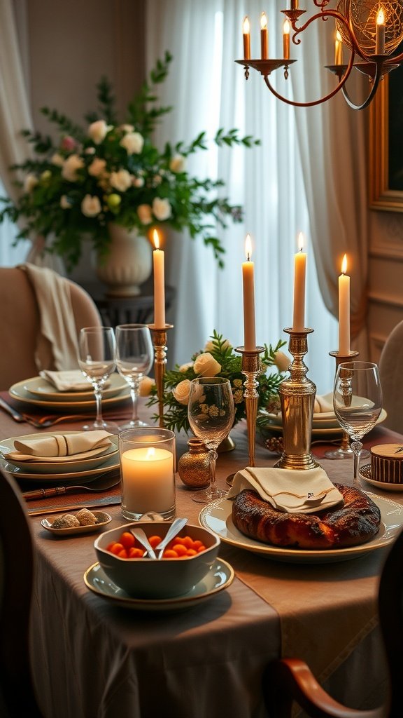 A beautifully set dining table with candles, flowers, and a delicious meal, perfect for a romantic indoor date.. Indoor Date Ideas