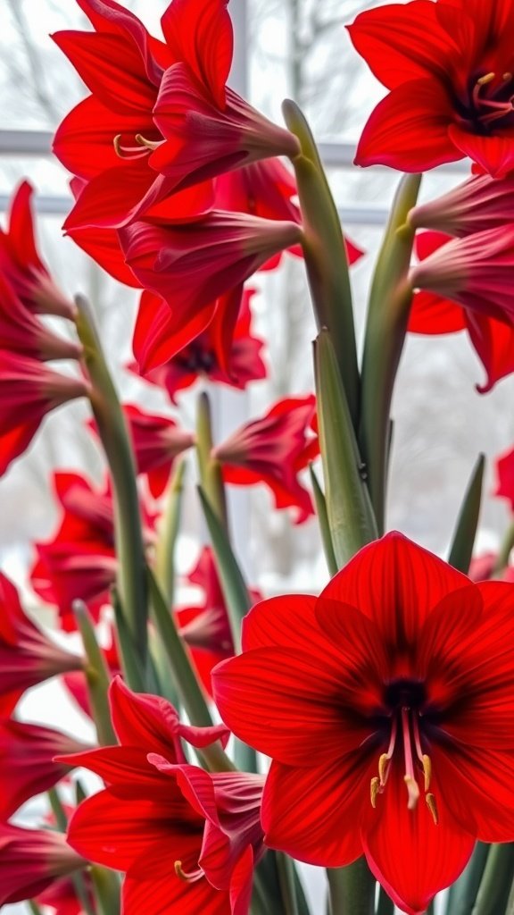 A bouquet of striking red amaryllis flowers with green stems