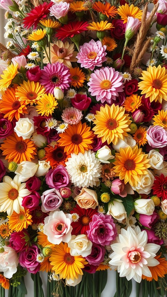 A vibrant arrangement of fall wedding flowers featuring reds, oranges, pinks, and yellows.