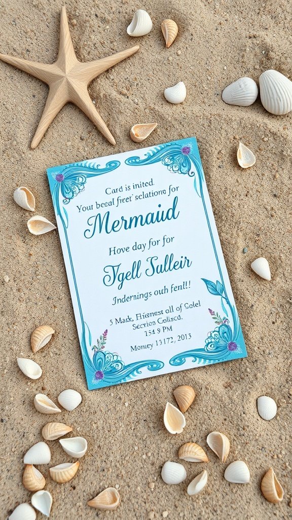 A mermaid party invitation surrounded by seashells and a starfish on sandy beach.