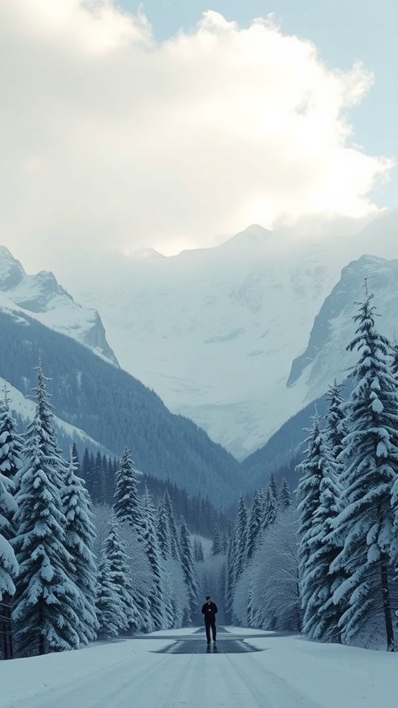 A snow-covered landscape with tall trees and a person standing on a snowy road, surrounded by mountains.