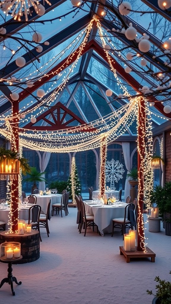 A winter wedding setting with fairy lights, candles, and elegant table arrangements in a cozy venue.
