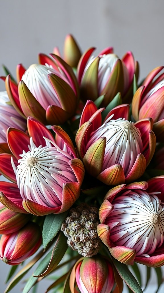 A vibrant bouquet featuring protea flowers in shades of pink and white, surrounded by lush green leaves.