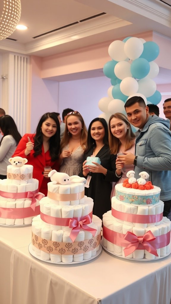 Group of friends posing with mini diaper cakes at a baby shower.