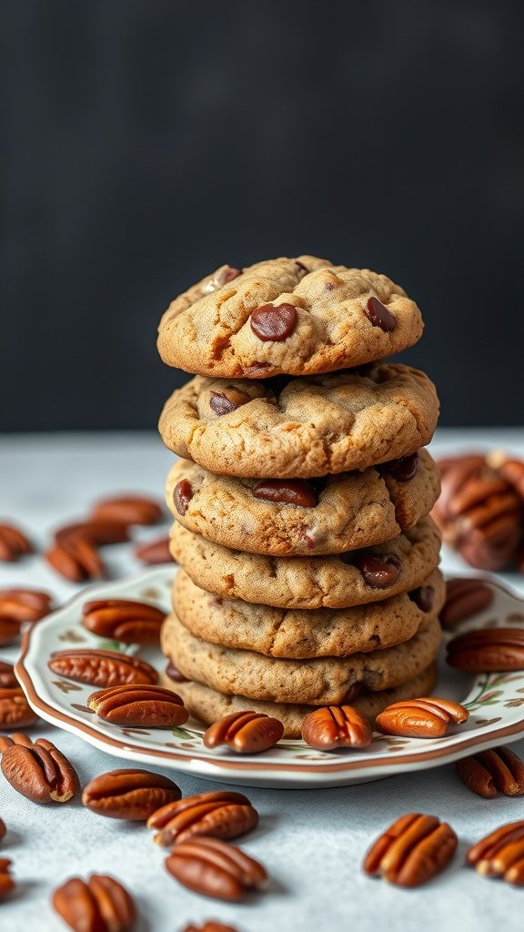 A plate of caramel pecan cookies with pecans scattered around
