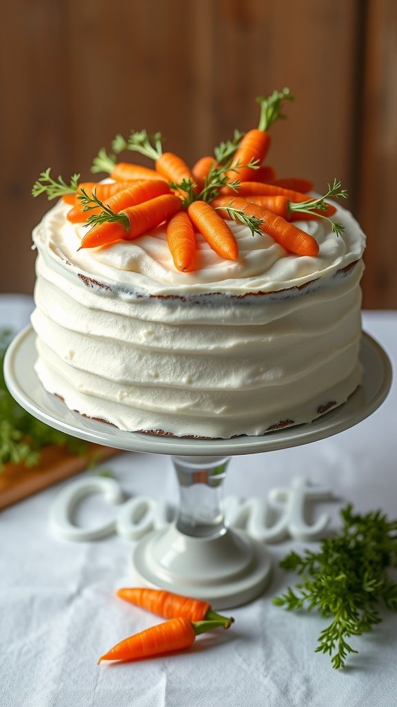 35 Enchanting Forest Wedding Cake Recipes for Your Dream Celebration A beautifully decorated carrot cake with cream cheese frosting topped with fresh carrots and herbs, ideal for a forest wedding.