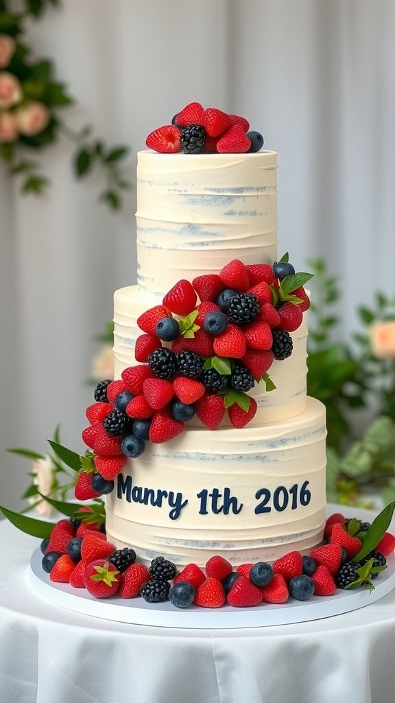 35 Enchanting Forest Wedding Cake Recipes for Your Dream Celebration A beautiful cascading berry cake decorated with fresh strawberries, blueberries, and blackberries, perfect for a forest wedding.