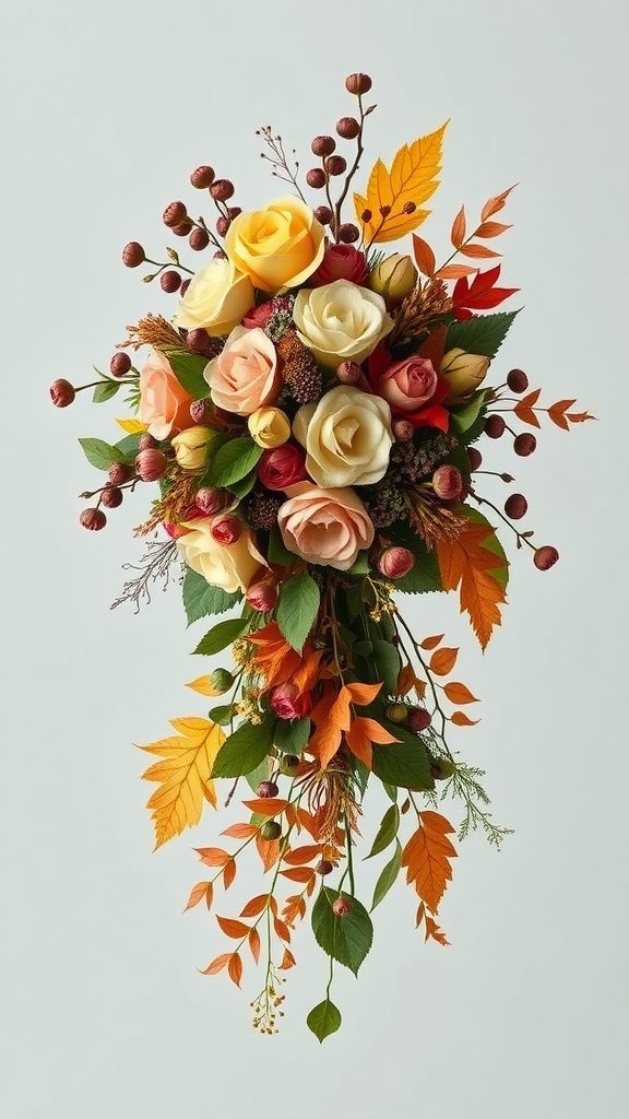 A cascading bouquet featuring roses, autumn leaves, and berries.