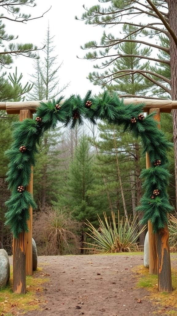 A wooden cedar frame arch decorated with pine garlands and pine cones, set in a natural outdoor environment.