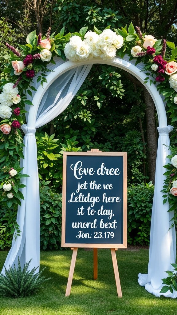A rustic wedding arch featuring a chalkboard sign with floral decorations.