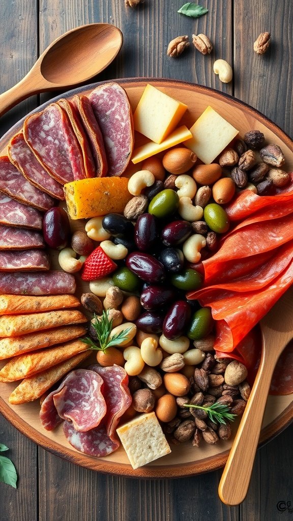 A colorful charcuterie board featuring cured meats, cheeses, nuts, olives, and strawberries.