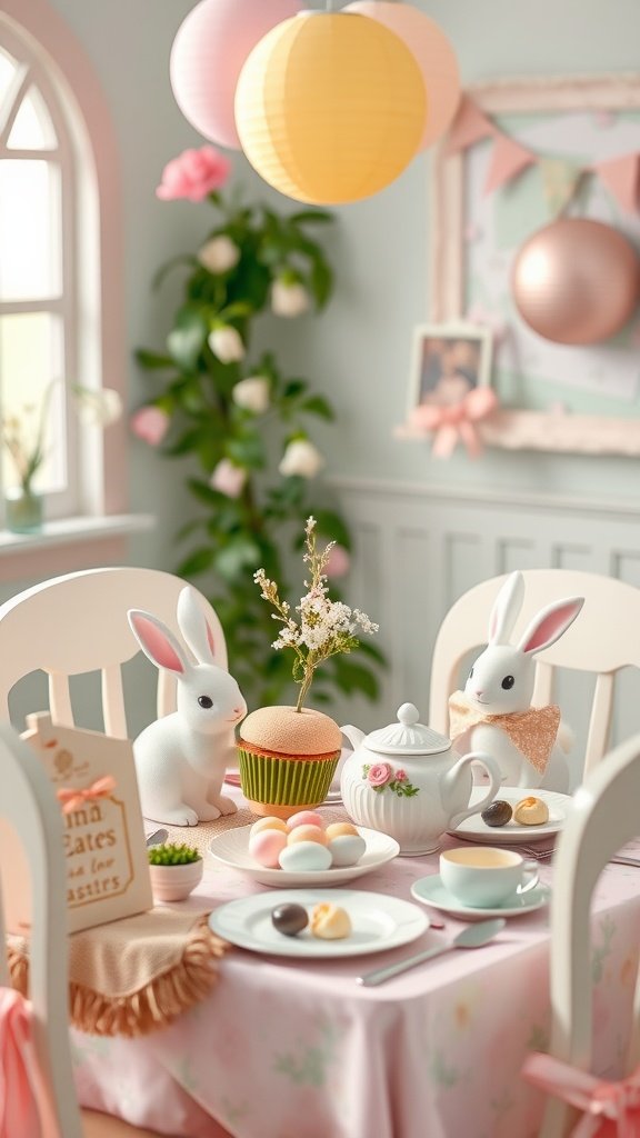 A beautifully arranged Easter tea party table with bunny decorations, pastel colors, cupcakes, and sweets.