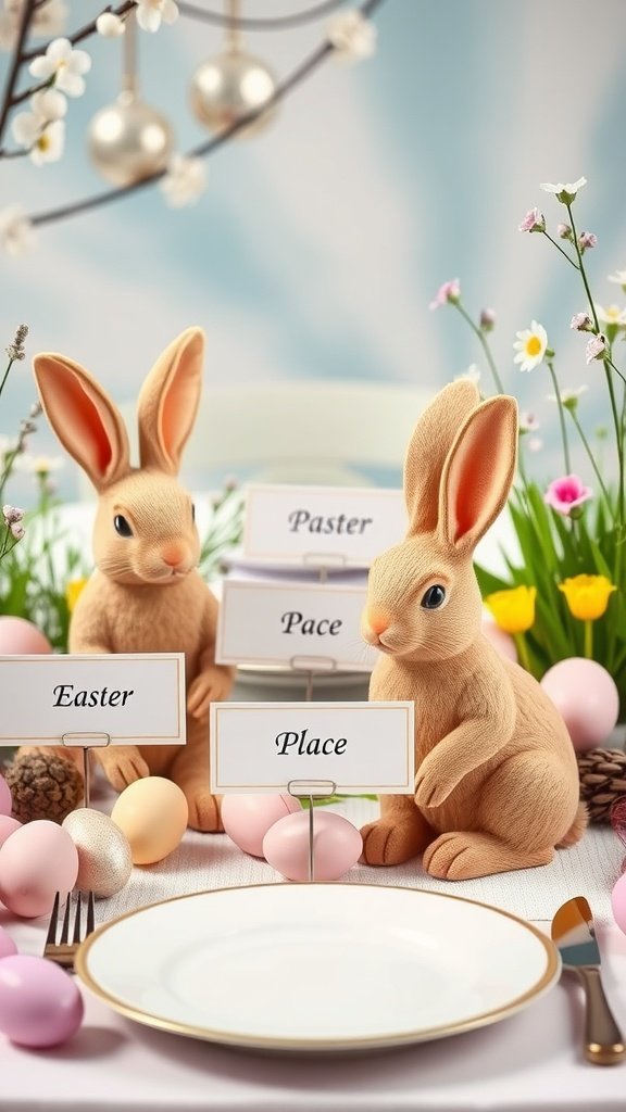 Bunny place settings with colorful Easter eggs and flowers