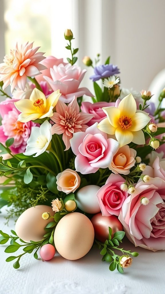 Floral centerpiece with pastel flowers and decorative eggs for a spring-themed tea party