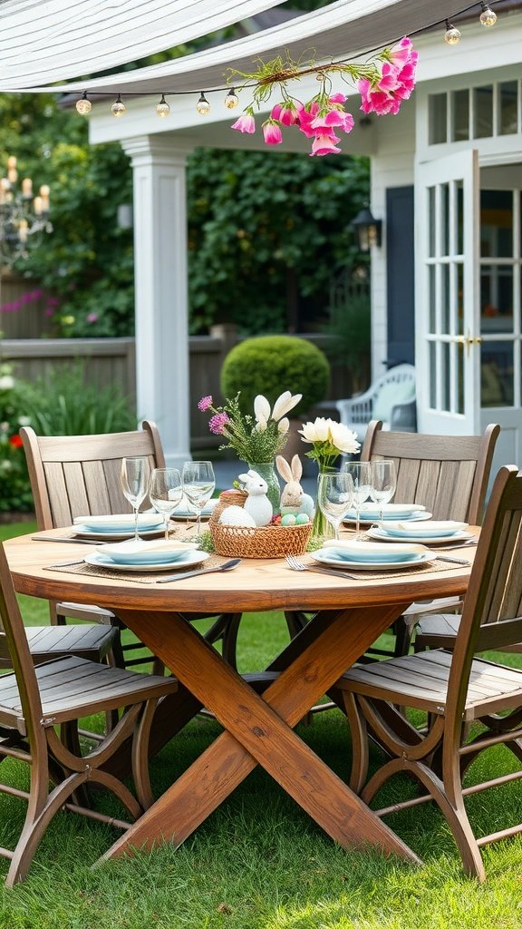 A beautifully arranged Easter tablescape outdoors with a round wooden table, blue plates, elegant glassware, and a charming basket centerpiece.