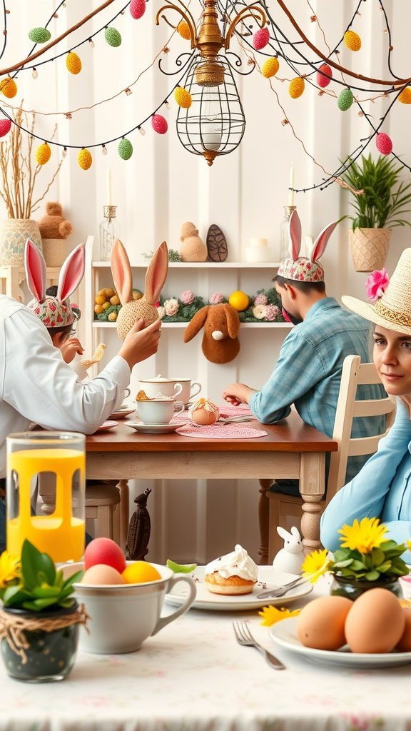 A charming Easter tea party scene with guests wearing bunny hats and colorful decorations.