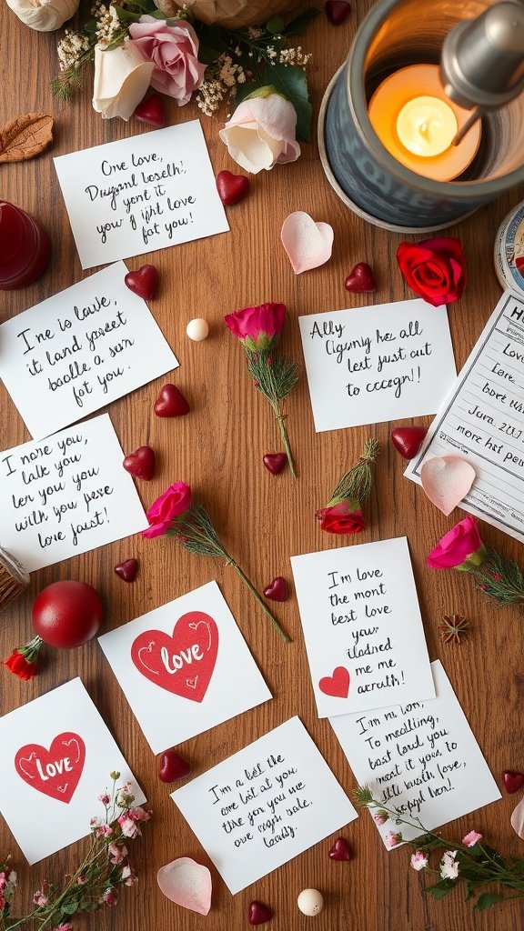 A collection of charming love notes with flowers and decorative hearts for Valentine's table decor.