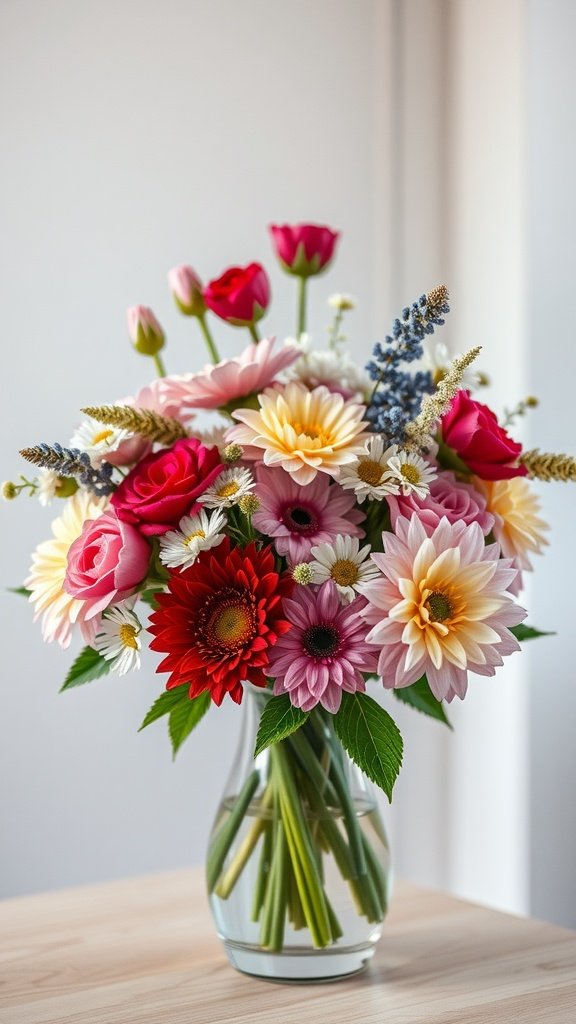 A vibrant bouquet of winter flowers featuring roses, gerbera daisies, and greenery in a clear vase.