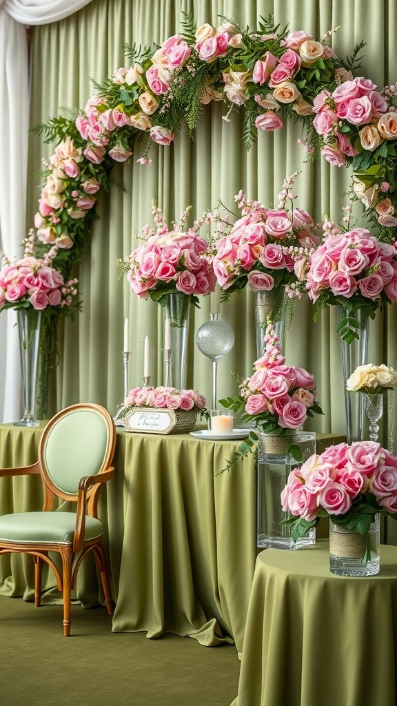 35 Stunning Olive Green Wedding Theme Color Schemes Wedding setup featuring olive green tablecloths and pink flower arrangements.