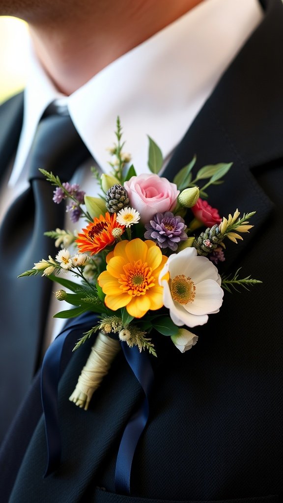 A colorful boutonniere featuring a mix of flowers including marigolds and roses, complemented by a dark ribbon.