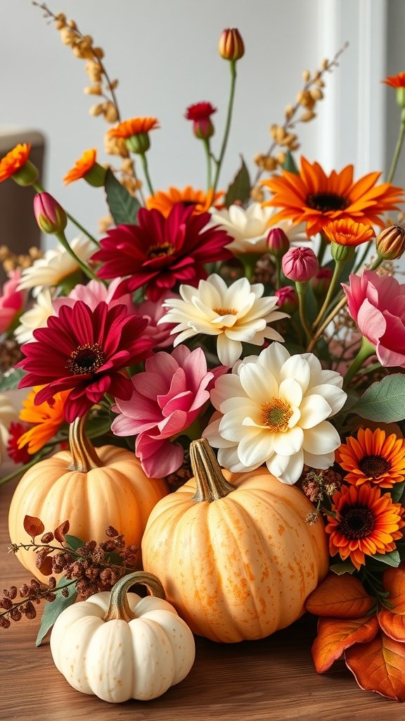 A beautiful fall wedding floral arrangement with colorful flowers and small pumpkins.