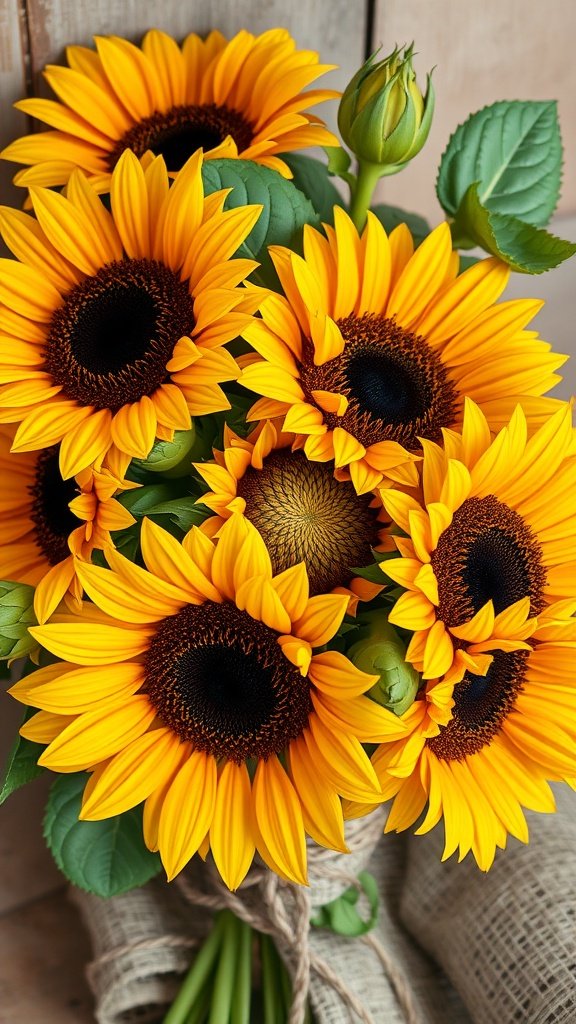 Bouquet of bright sunflowers with green leaves, tied with burlap