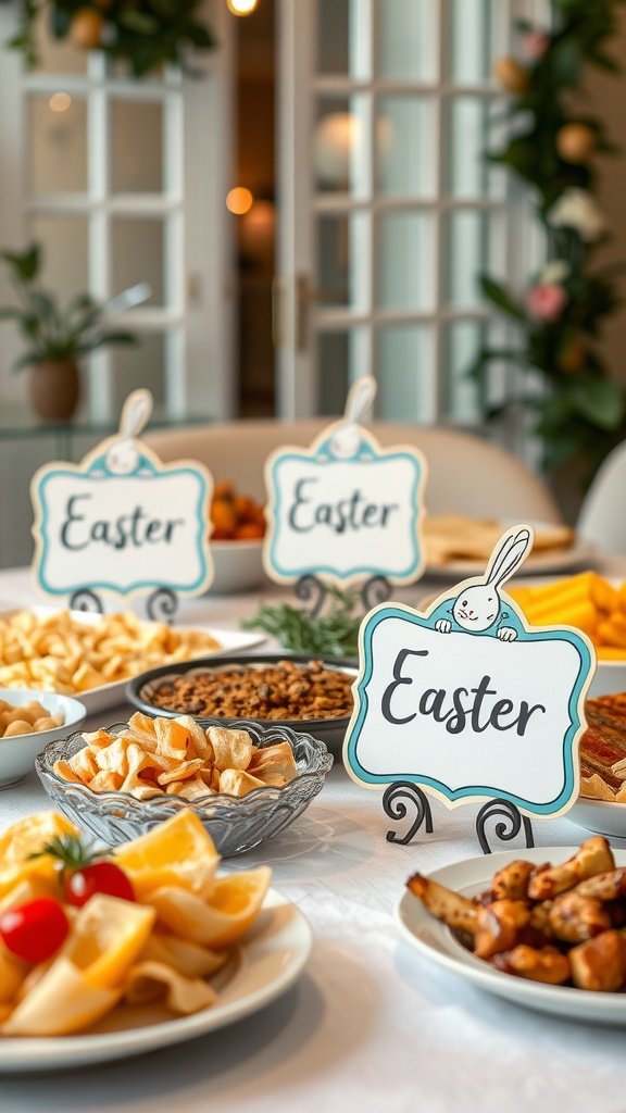 Easter table setup with decorative signage and various dishes.