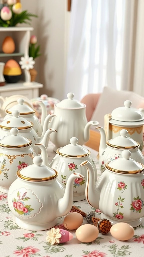 A collection of vintage teapots with floral designs arranged on a table, surrounded by decorative Easter eggs.