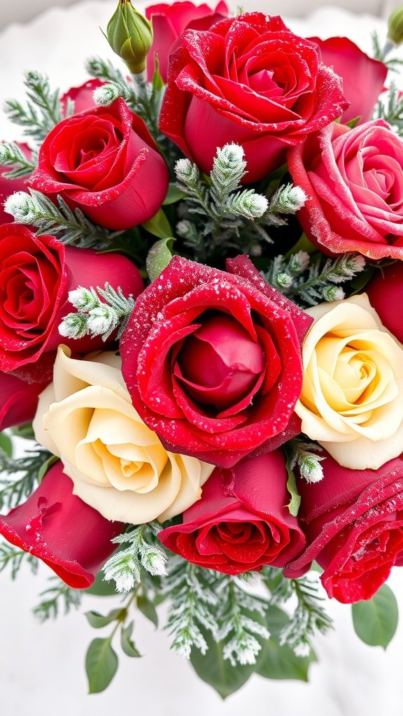 A bouquet of red and cream winter roses with frosty greenery.