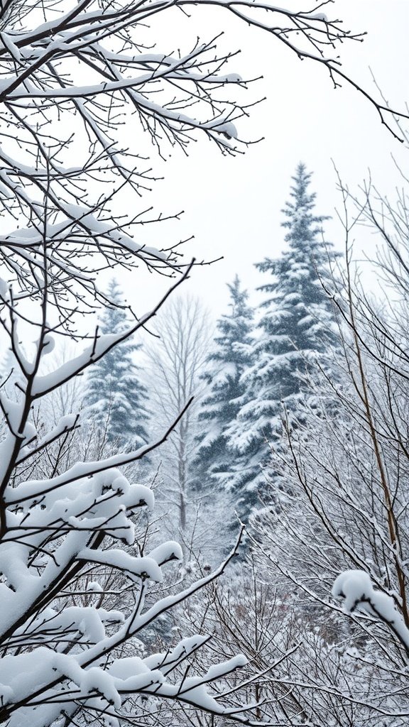 A tranquil winter landscape with snow-covered branches and evergreens in the background.