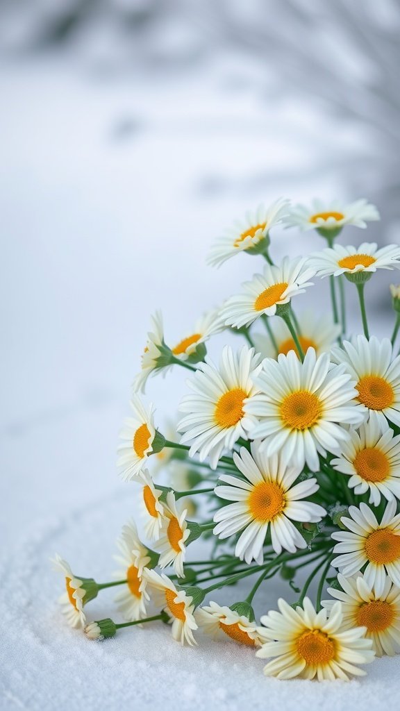 A bouquet of cheerful winter daisies with white petals and yellow centers resting on a snowy surface.