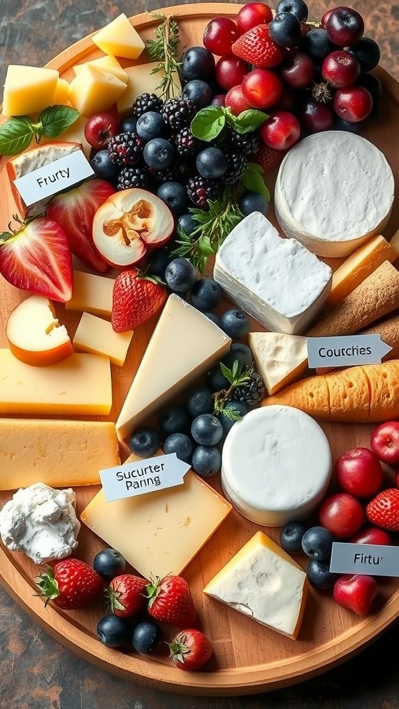 A beautifully arranged grazing table featuring various cheeses and fresh fruits.