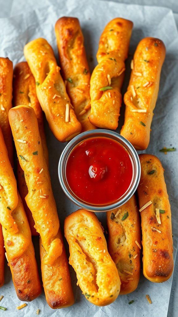 Cheesy garlic breadsticks with a bowl of marinara sauce