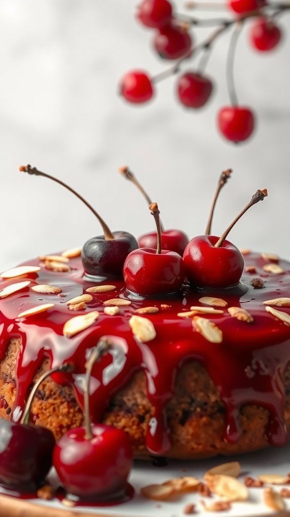 A beautifully decorated Cherry Almond Cake topped with cherries and almond slices.