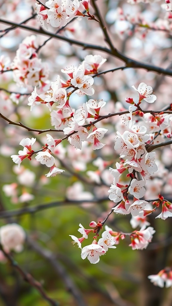 Close-up of cherry blossoms on a branch, showcasing delicate pink and white petals