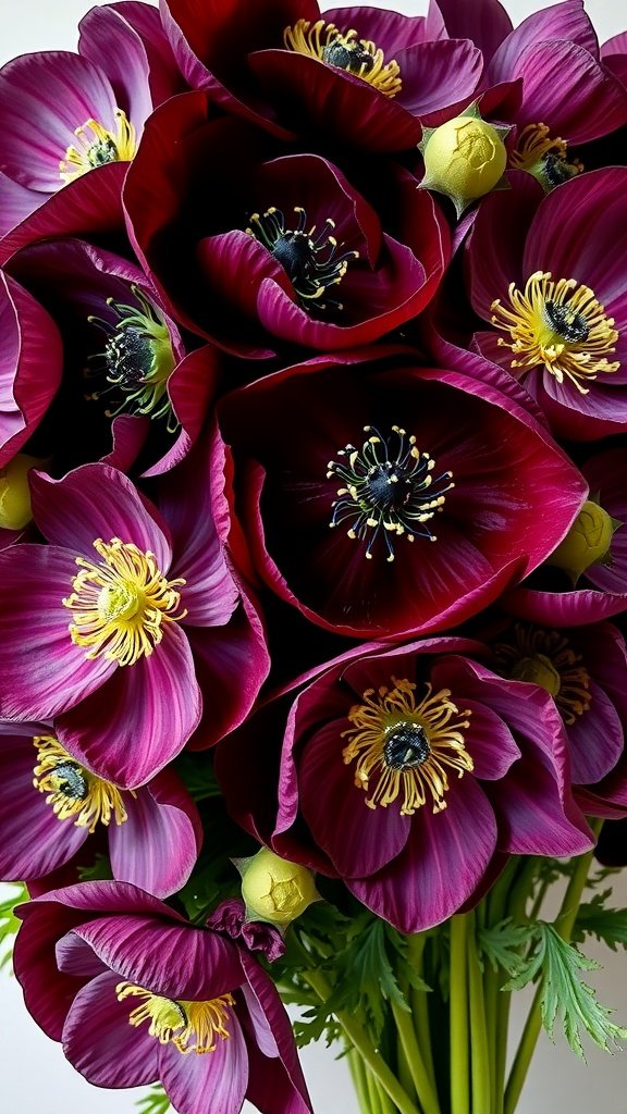 A beautiful bouquet of deep maroon anemones with yellow centers and a few green accents