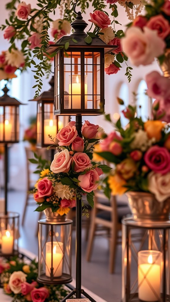 Floral lanterns with roses and daisies illuminating a wedding setting