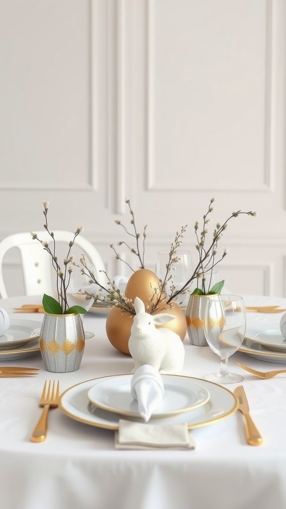 A chic Easter tablescape featuring golden eggs, a white rabbit figurine, and elegant tableware.