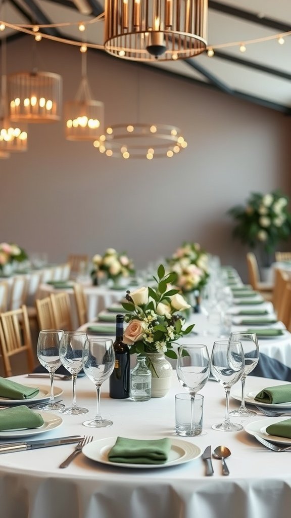 35 Stunning Olive Green Wedding Theme Color Schemes Wedding reception tables set with olive green napkins, glassware, and floral arrangements in a chic setting.