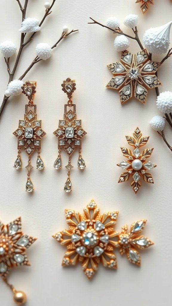Elegant winter wedding jewelry featuring snowflake designs, including earrings and brooches.