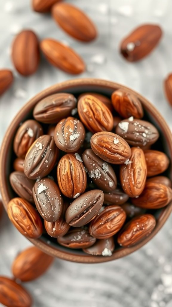 A bowl of chili chocolate covered almonds sprinkled with sea salt.