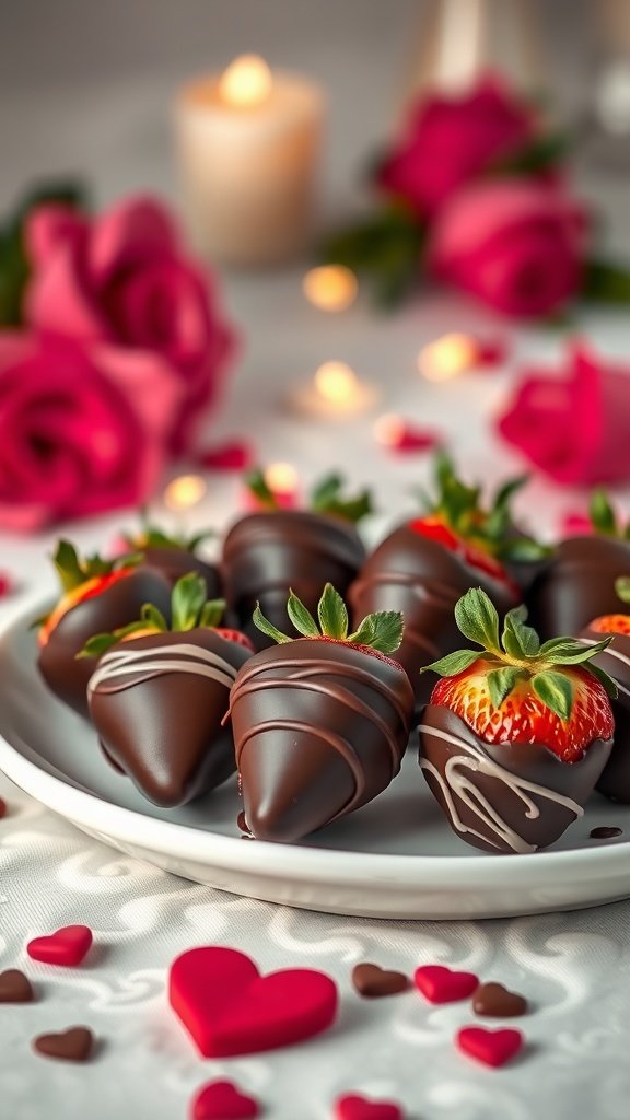 An arrangement of chocolate-covered strawberries on a plate, decorated with roses and hearts for Valentine's Day.