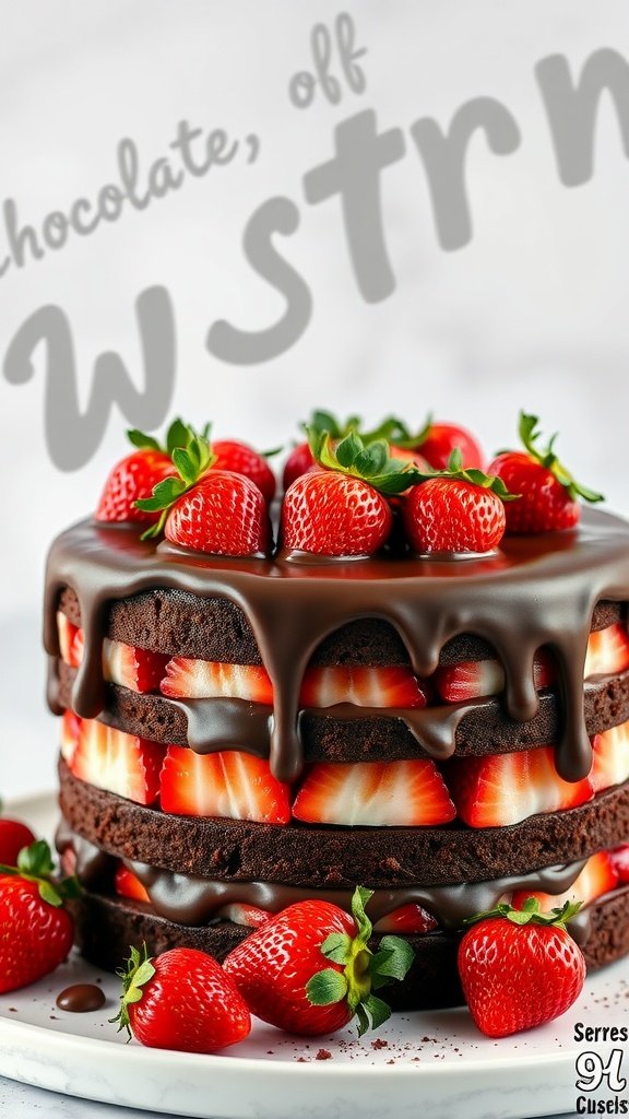 A beautiful Chocolate-Covered Strawberry Cake with layers of chocolate sponge and fresh strawberries, topped with a glossy chocolate ganache.